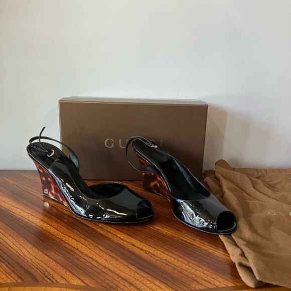 Gucci Vitello Vernice Soft Black Wedges Women 10 B - Picture 1 of 11